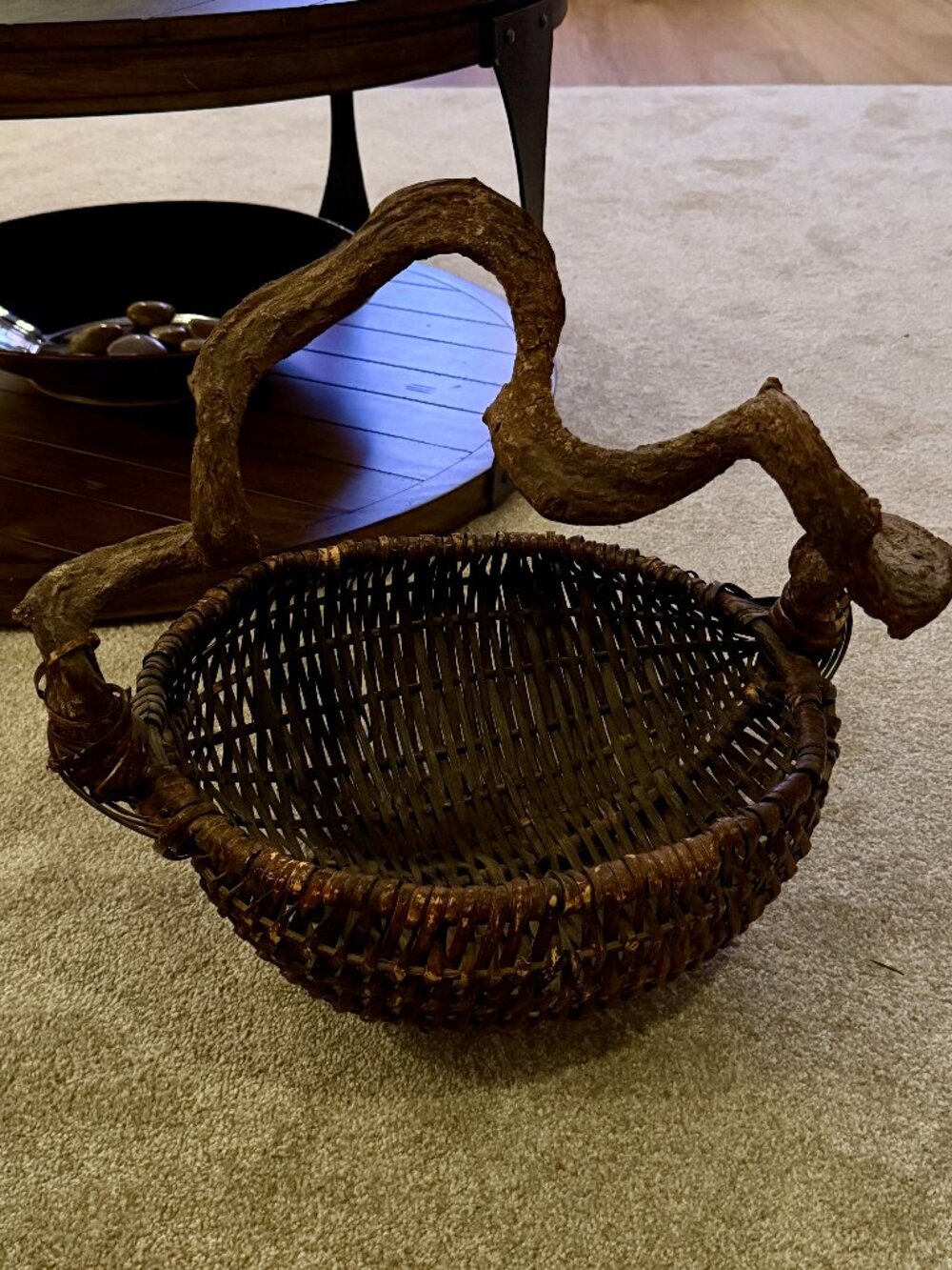 Vintage French Market Gathering Basket w/Twisted Vine Handle & Woven Wicker Body